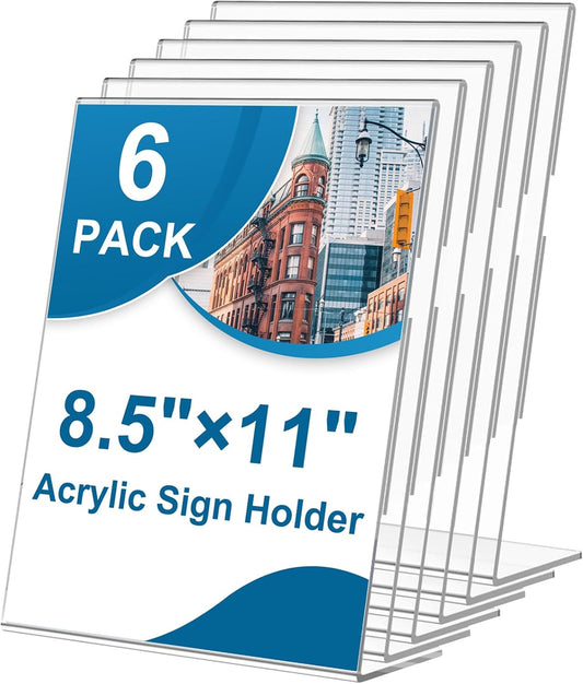 6 Pack Acrylic Sign Holder 8.5 x 11, L-Shape Clear Plastic Display Stand for Tabletop, Acrylic Stands for Flyers, Table Paper Holder, Vertical Sign Holder 8.5x11 for Restaurants, Office and School (Slant 6 Pack 8.5x11)