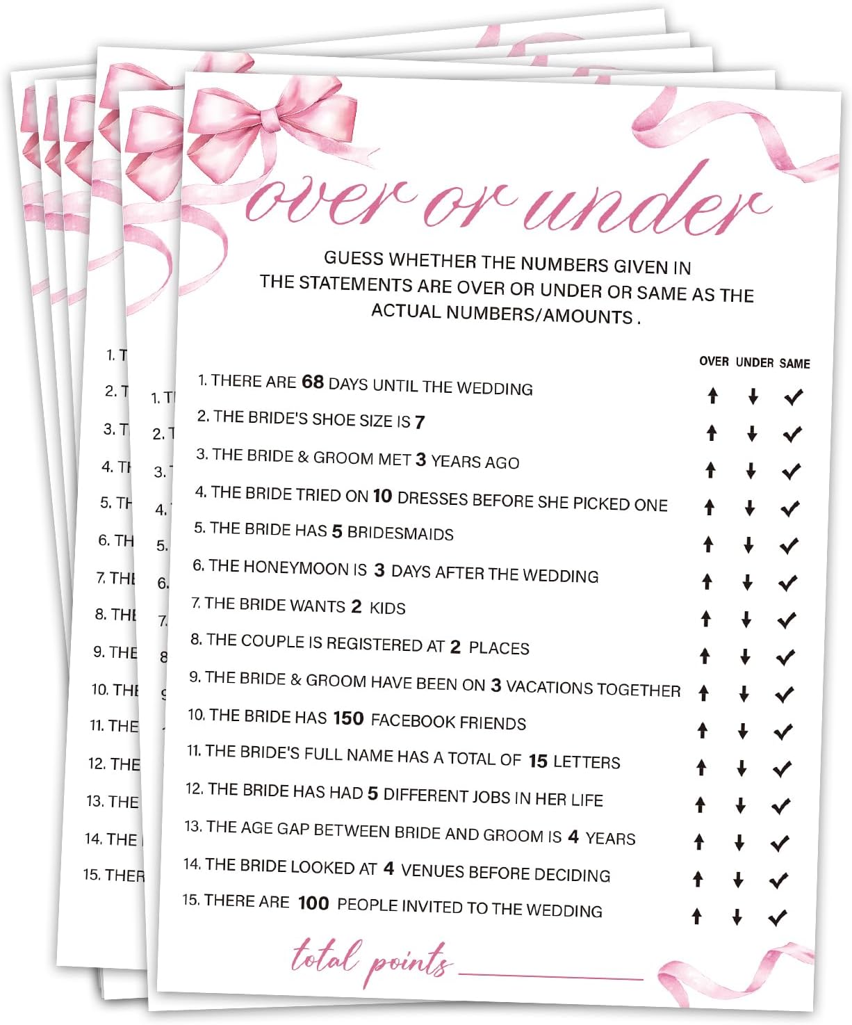 Bridal Shower Games 30 Guests, Over or Under Bridal Shower Wedding Games for Reception, Rehearsal Dinner Engagement Party Activities Game Card/HL 005