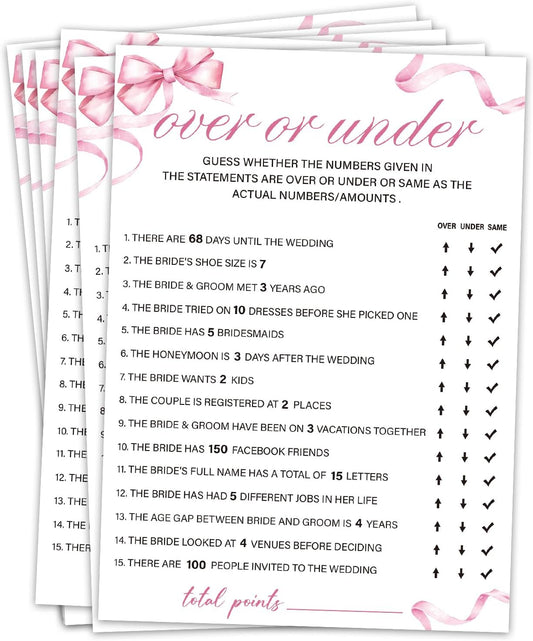 Bridal Shower Games 30 Guests, Over or Under Bridal Shower Wedding Games for Reception, Rehearsal Dinner Engagement Party Activities Game Card/HL 005