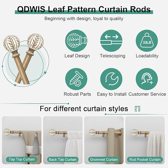 QDWIS Boho Wood Curtain Rods for Windows 48 to 84 inch, Rustic Decorative - Image 6