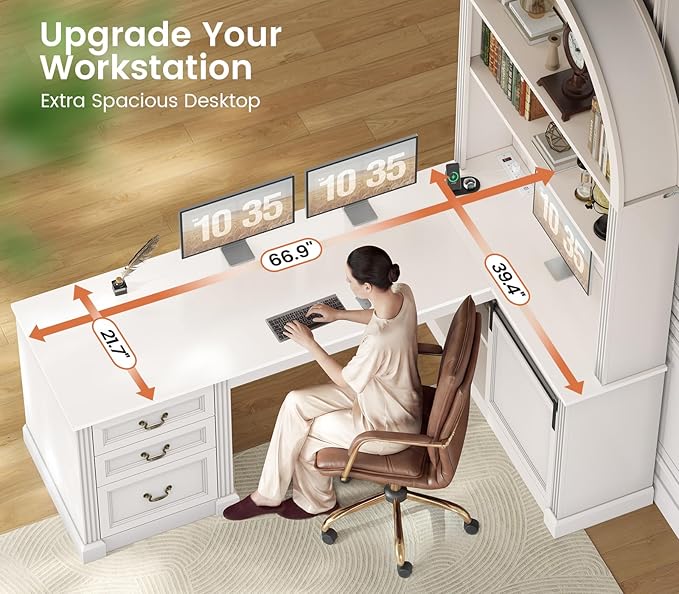 SEDETA 67" L Shaped Desk with Tall Arched Bookshelf, Mid-Century Office - Image 6