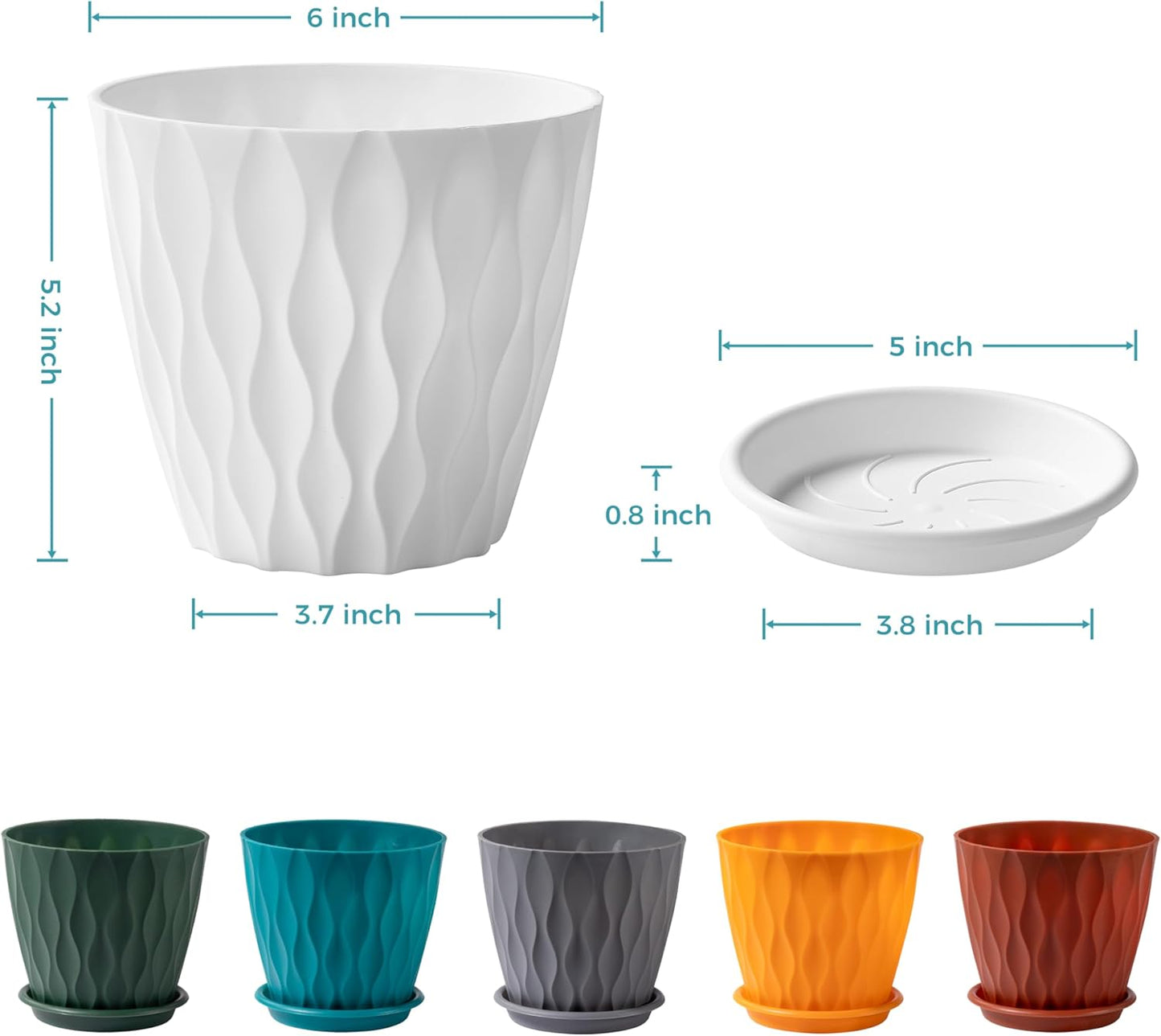 FaithLand 6-Pack 6-Inch Plastic Plant Pots with Saucers | Thickened PP Material, Modern Wave Texture, Enhanced Drainage for Indoor/Outdoor Garden Plants | Tricolor Value Set