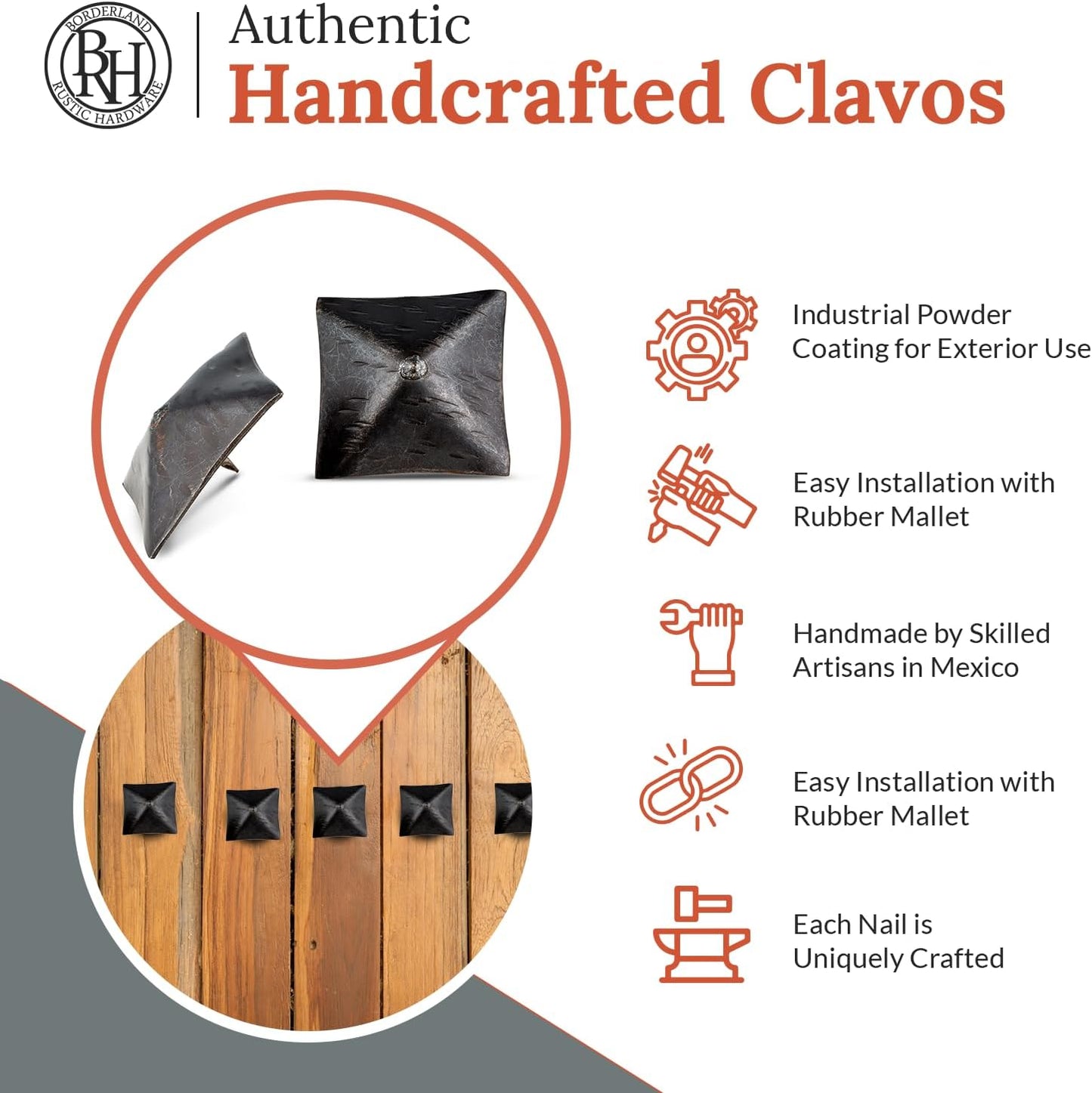 50 Pack 2" Square Head Iron Clavos Decorative Nails – Sealed Unfinished – Handmade Rustic Square Fasteners for Farmhouse Shutters, Barn Doors, Shutters, and Gates – Ornamental Wood Accent