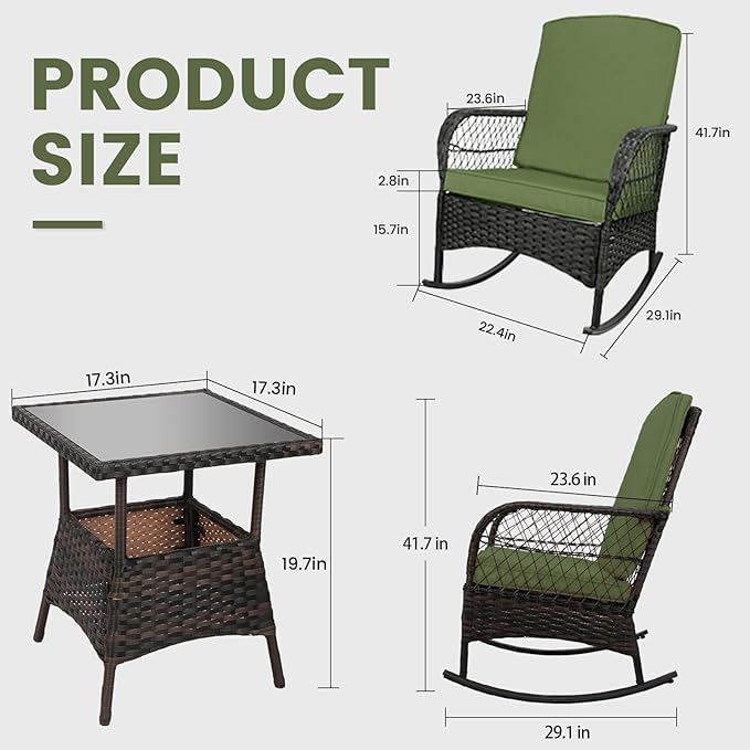 LEVELEVE 3 pcs Rocking Bistro Set Conversation Chairs PE Wicker Outdoor Rocking - Image 2