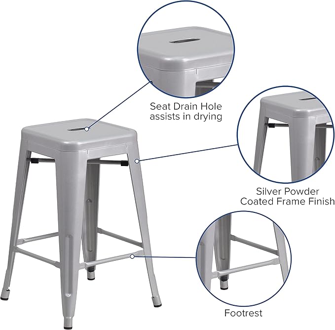 Flash Furniture Lily 4 Pack Commercial Grade 24" High Backless Silver Metal - Image 6