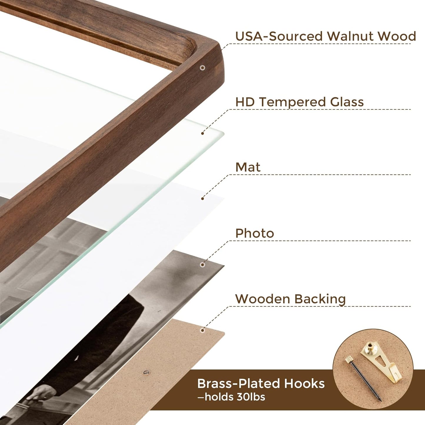 6x8 Frame USA-Sourced Natural Walnut Wood Solid Wood Photo Frame Handcrafted Rounded Corner with Mat to 5x7 Picture Frames Display with Real Glass Family Picture, Wedding Picture, Photo, Certificate
