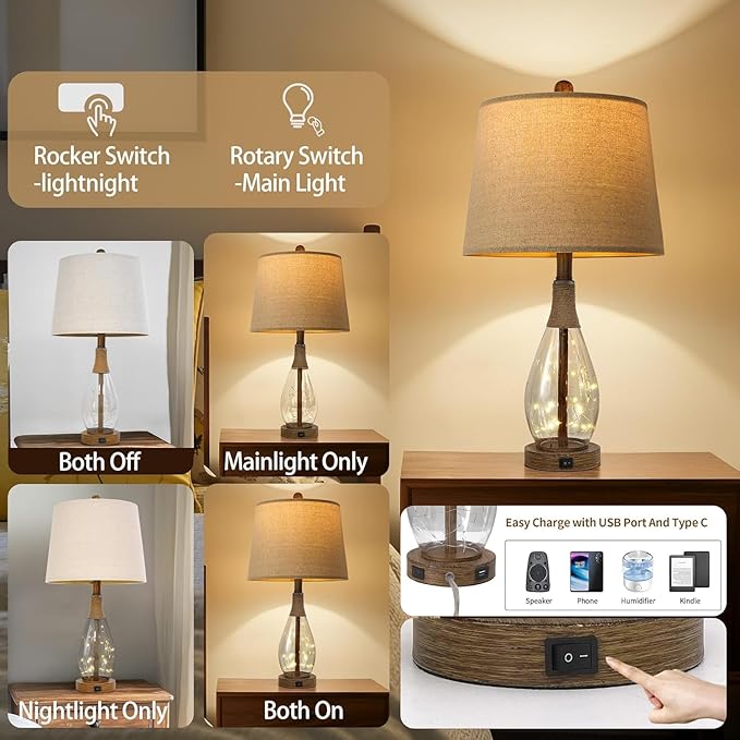 OYEARS 23" USB A+C Table Lamps for Bedroom Living Room Modern Bedside Lamps - Image 2