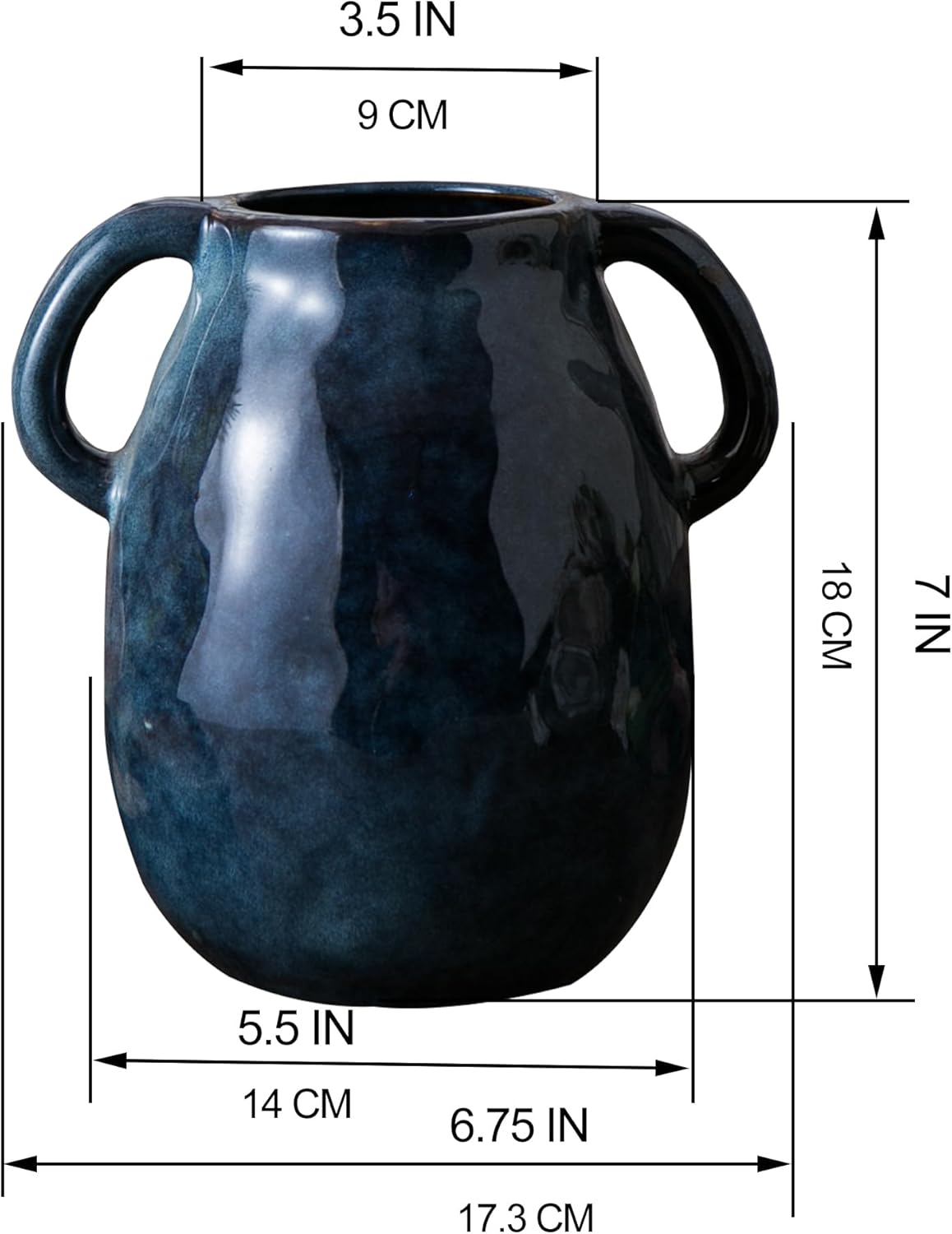 Blue Ceramic Vase with 2 Handles for Modern Farmhouse Home Decor, Vintage Rustic Decorative Vases, Small Vase for Fresh and Dried Flowers, Centerpiece Table Decorations, 7 Inch