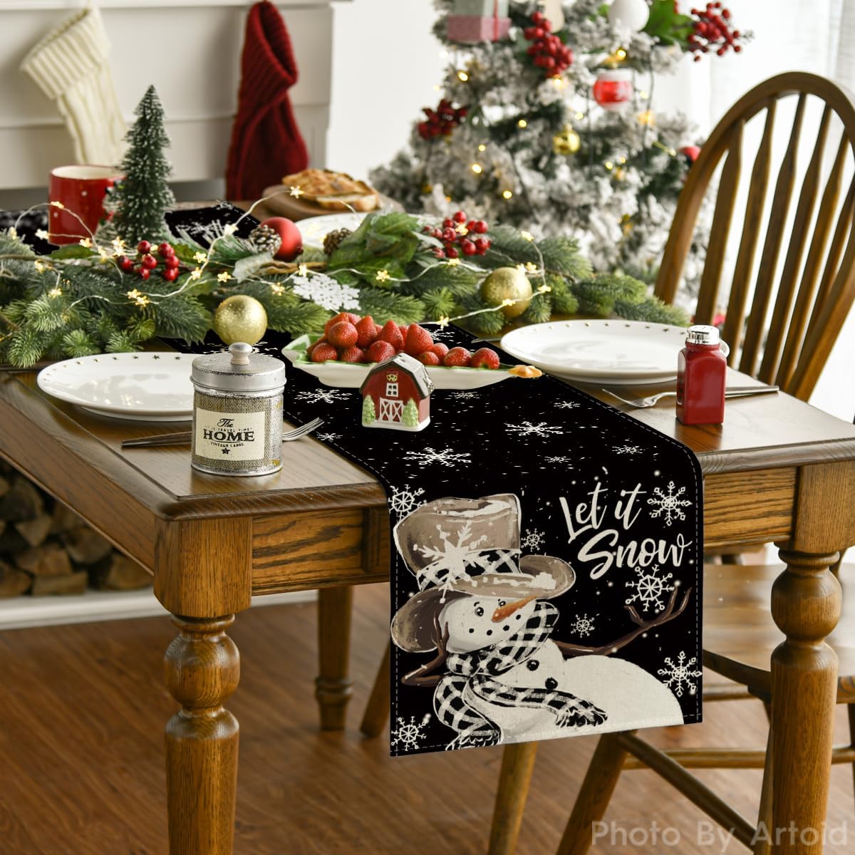 Artoid Mode Black Snowman Snowflake Let it Snow Winter Table Runner, Christmas Kitchen Dining Table Decoration for Home Party Decor 13x90 Inch