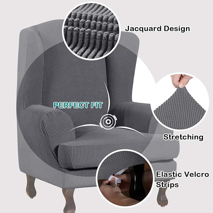 Turquoize Wingback Chair Covers 2 Piece Wing Chair Slipcover Stretch Slipcovers - Image 3