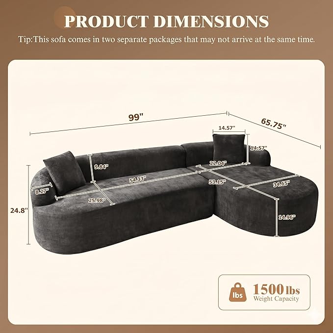 99" Curved Sectional Sofa with Chaise, Modern Boneless Couch with Deep Seat - Image 2