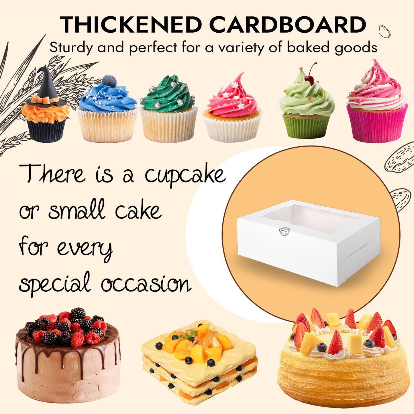 JCD 9 Holes Fit 8 Cupcakes and 1 Mini Cake Box Combo,8 sets of Cake Boxes, Pastry Sweets Bento Box, Cupcake Combo Box with Stickers(1+8/8pcs)