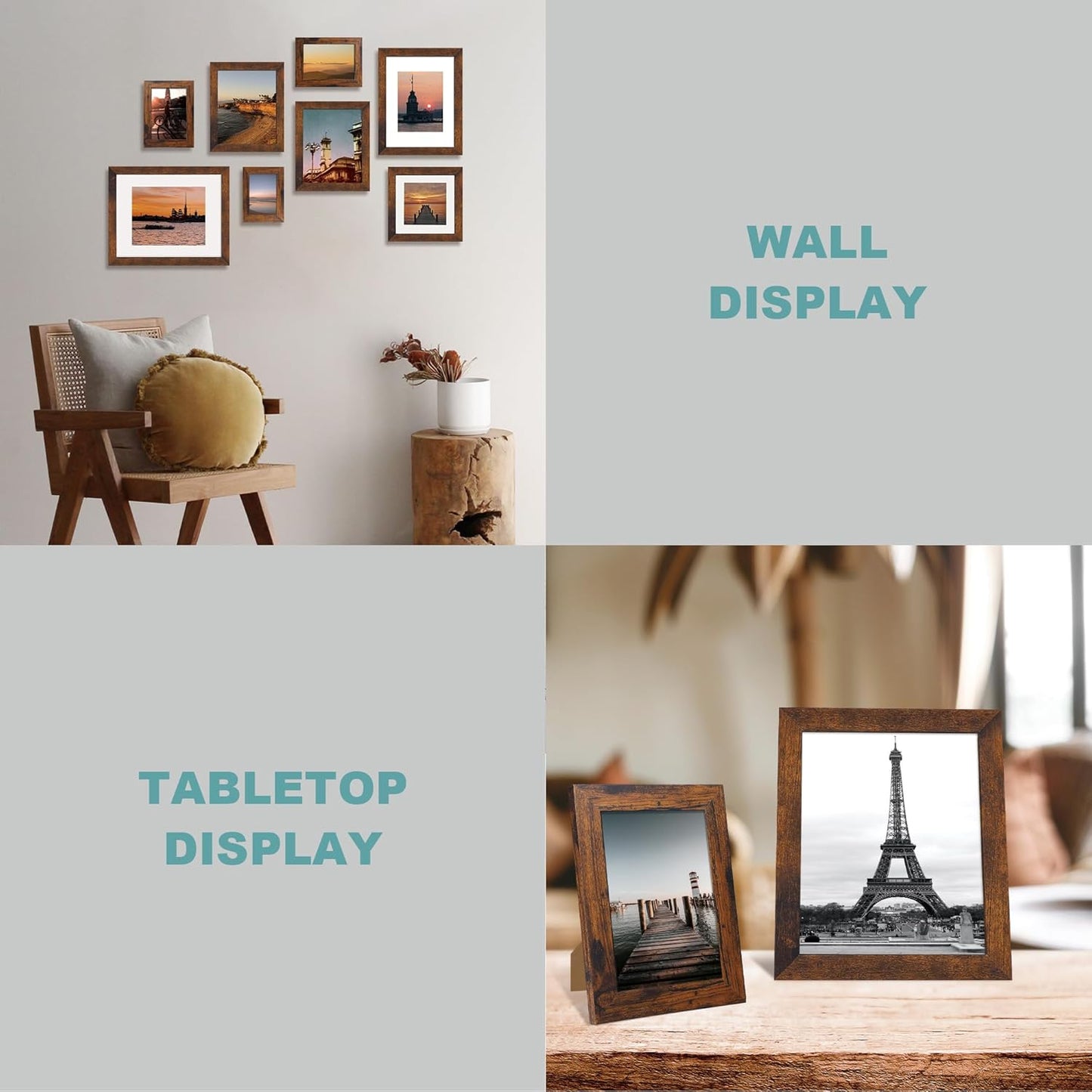 8x12 Picture Frame Set of 4 with High Definition Real Glass, Display 6x8 Pictures with Mat or 8 x 12 Without Mat, Wood Rustic Photo Frames for Tabletop and Wall Mounting