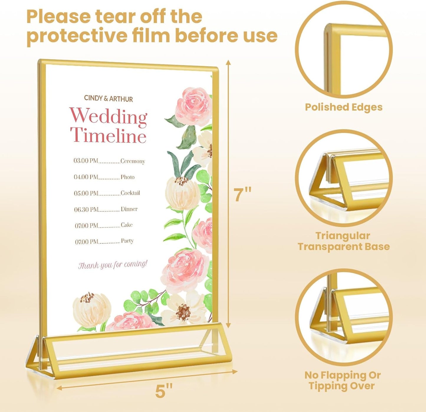 5x7 Gold Acrylic Sign Holder, 12 Pack Wedding Table Number Stands With Vertical Gold Borders, Double Sided Picture Frame Paper Stand, Clear Photo Display Menu for Party, Home, Restaurant