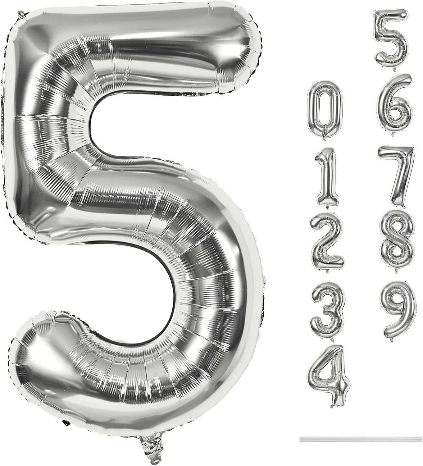 40 Inch Silver Large Numbers Balloons 5, Self Inflating Digit 5 Helium Balloons for 5th Girls Boys, Foil Mylar Big Number Balloon Set 0-9 for Women Men Birthday Party Anniversary Supplies Decorations