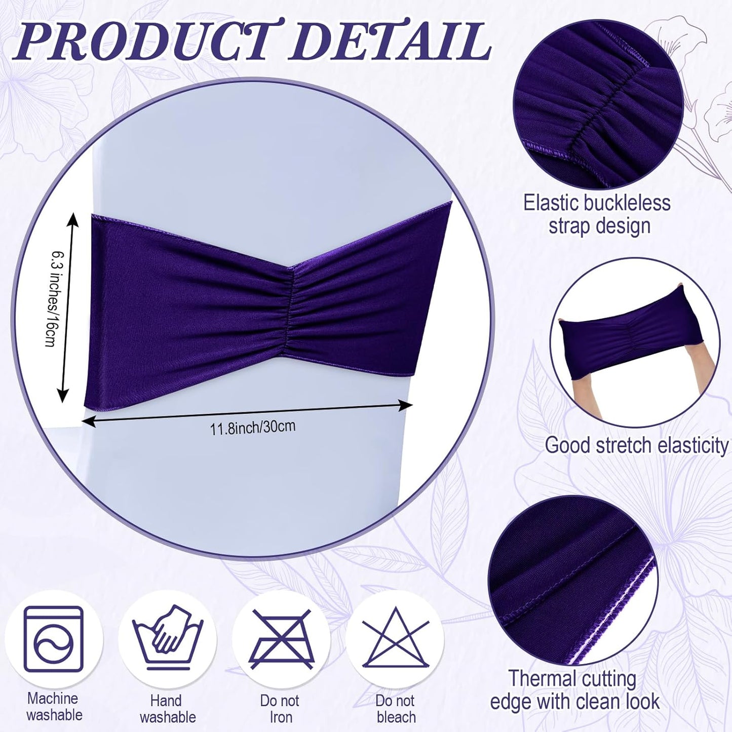 Moukeren 100 Pcs Spandex Chair Sashes Bows Bands Slider Sashes for Chair Covers Elastic Bands Ties Ribbon Decorations for Wedding Party Events Ceremony Birthday Banquet(Deep Purple)