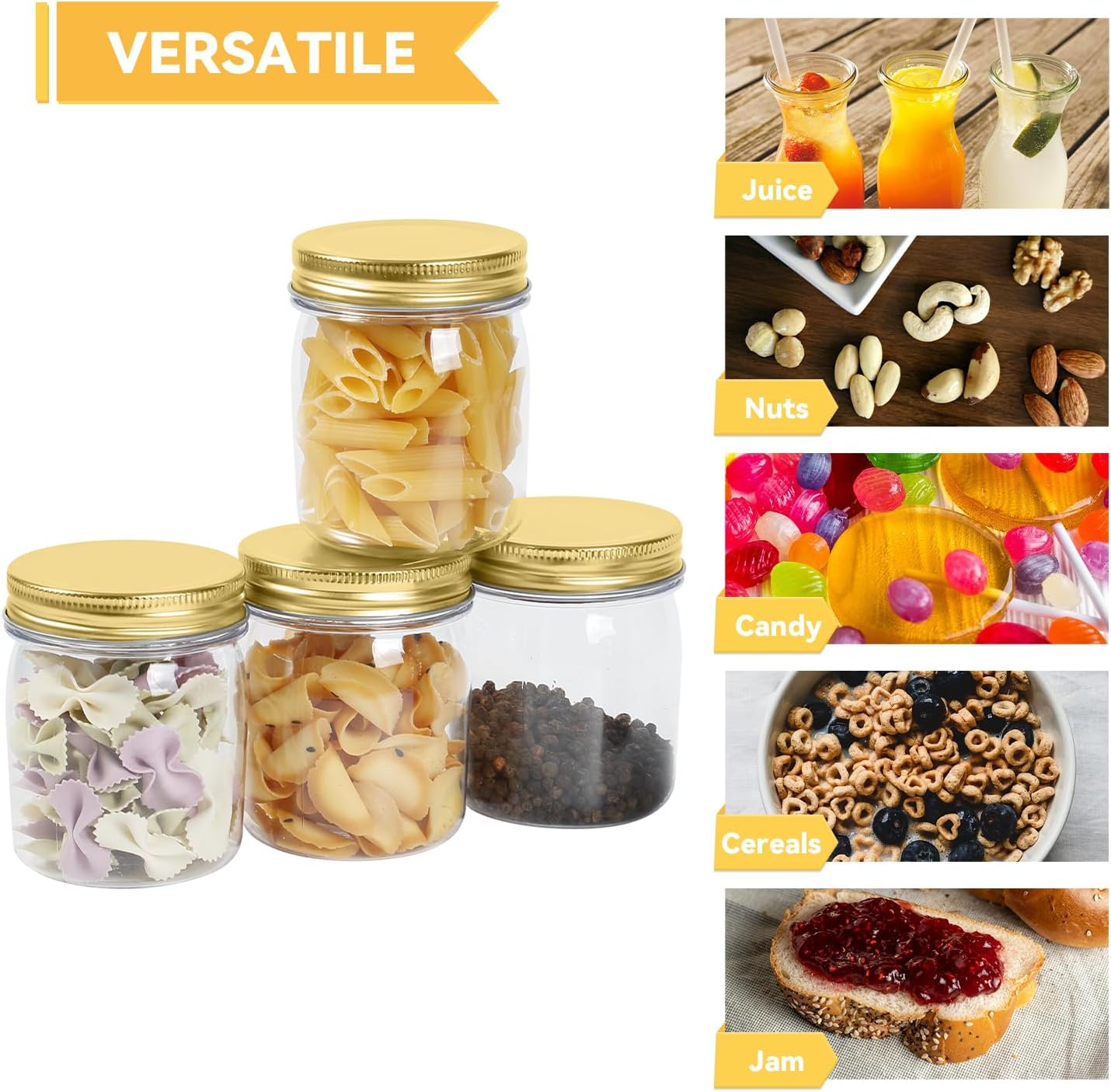 novelinks 8 oz Clear Plastic Jars with Screw-On Lids - BPA-Free Refillable Storage Containers for Slime, Spices, Crafts, Kitchen & Home Organization (32 Pack,Gold)