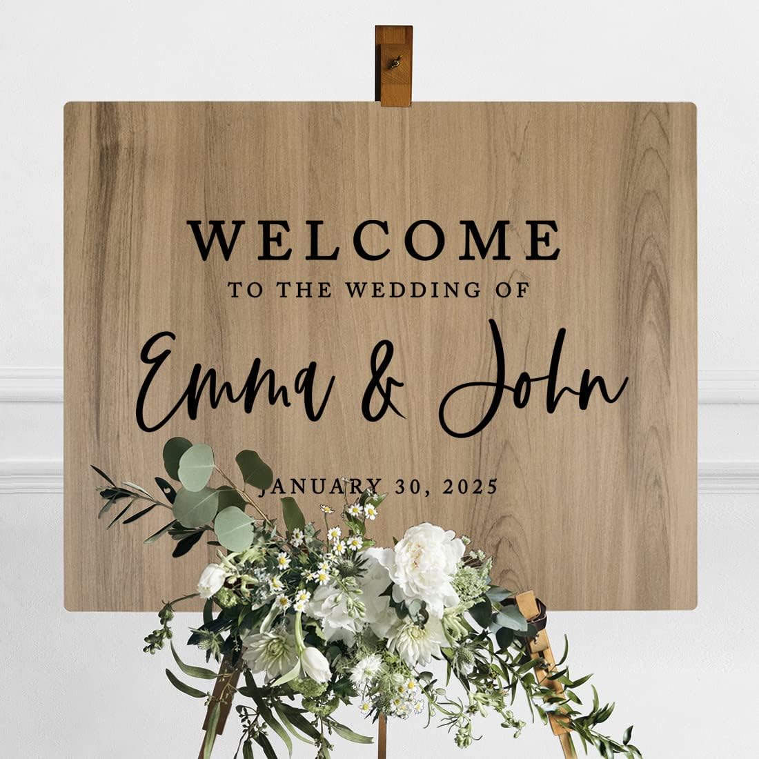 Andaz Press Large Wooden Welcome Sign for Wedding, Rustic Welcome Sign, 16" x 20" Custom Names & Date, Woodland Wedding Signage, English Oak MDF Wood Finish Wedding Reception Indoor Outdoor Signs