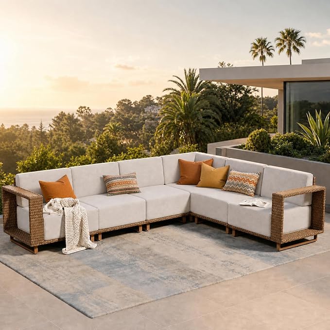 SUNSHINE VALLEY Patio Sectional Furniture, Outdoor Yellow Rattan Wicker Sofa by SUNSHINEVALLEY