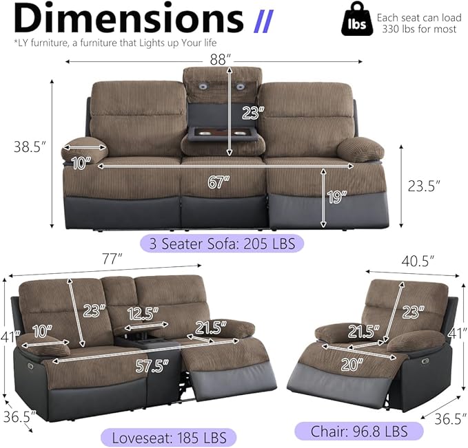 Power Recliner Sofa Set, Living Room Furniture Sets, Luxury Recliner Sofa and 2 - Image 2