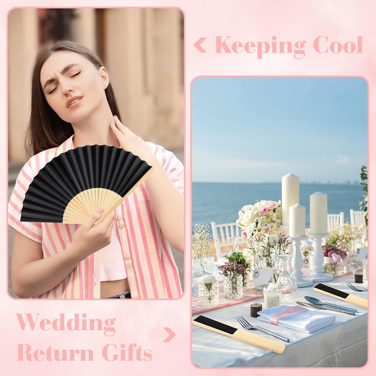 6 Pieces Black Hand Held Bamboo Folding Fans Foldable Paper Fans Handheld for Women Girls Wedding DIY Decoration Church Home Party Favors Summer