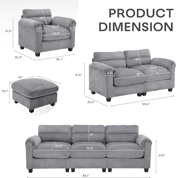 HAOMARKETS 2 Piece Cordory Sofa Sets, Comfy Loveset 2-Seater Sofa and - Image 2