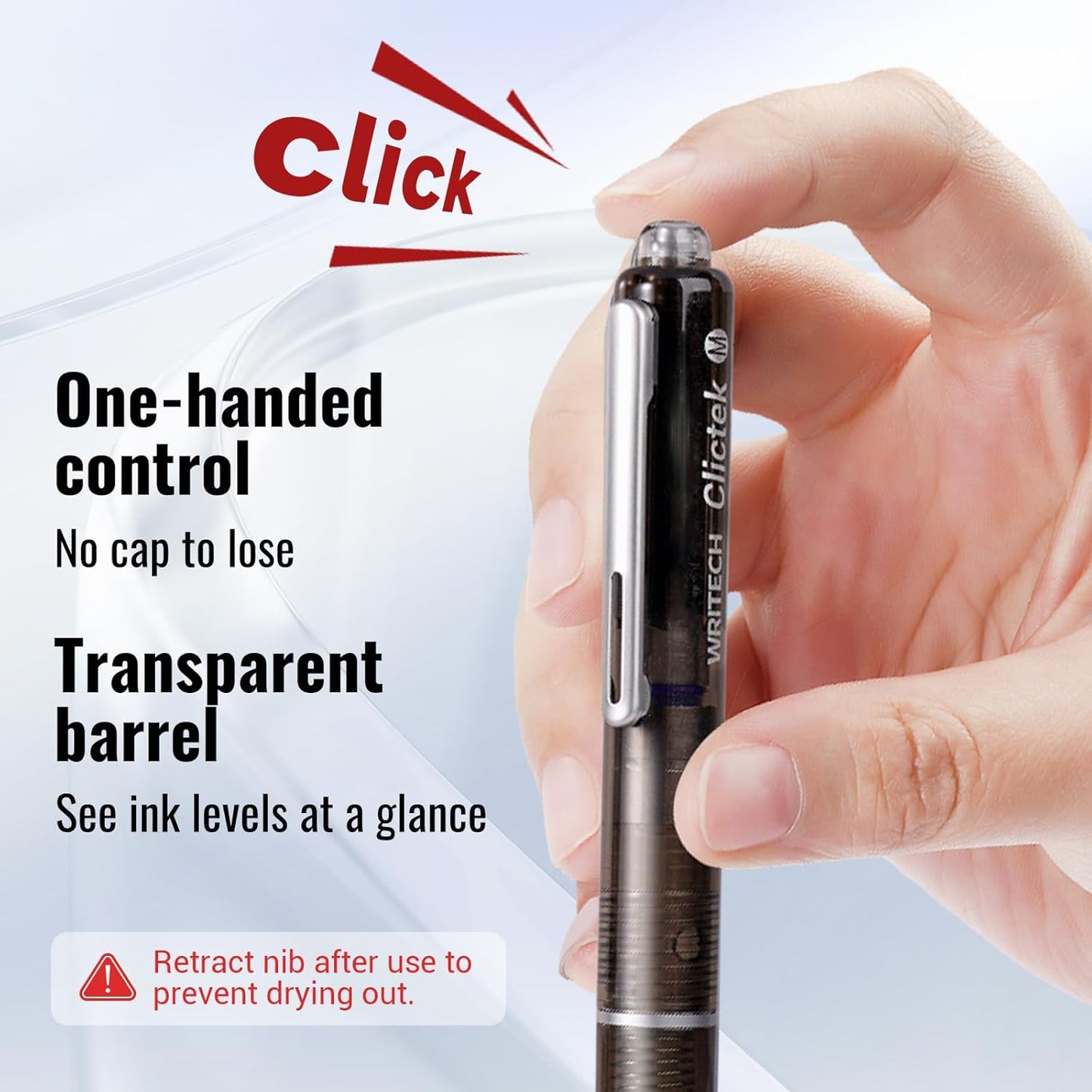 WRITECH Clictek Fountain Pen Retractable: Medium Nib Blue Ink Transparent Barrel Includes 5 Refillable Ink Cartridges, Smooth Writing No Leaking