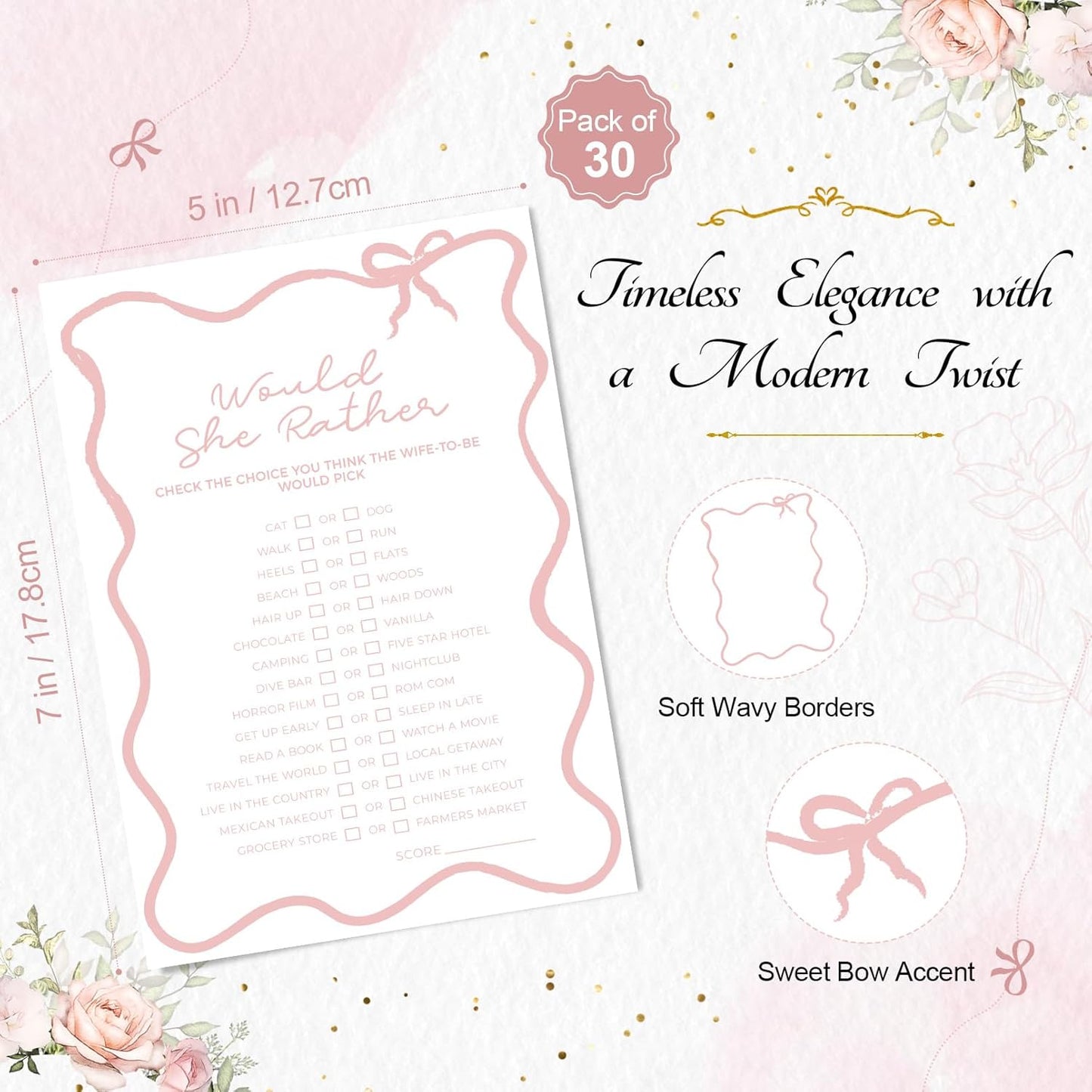 DEEKA 30 PCS Bridal Shower Games Card for 30 Guests White Pink Wavy Border Ribbon Bow Funny Wedding Bachelorette Party Games for Reception (Would She Rather)