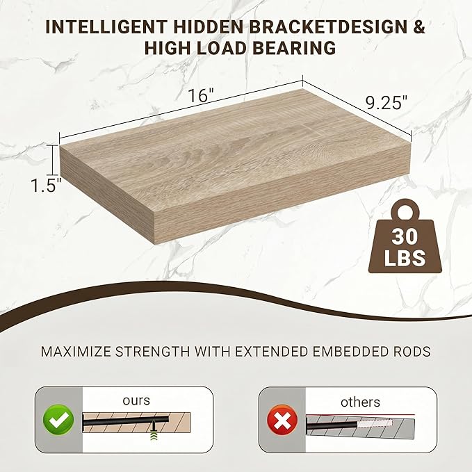 Acovy 16 Inch Floating Shelves, 3D Textured Wood Grain, Wooden Shelves - Image 3