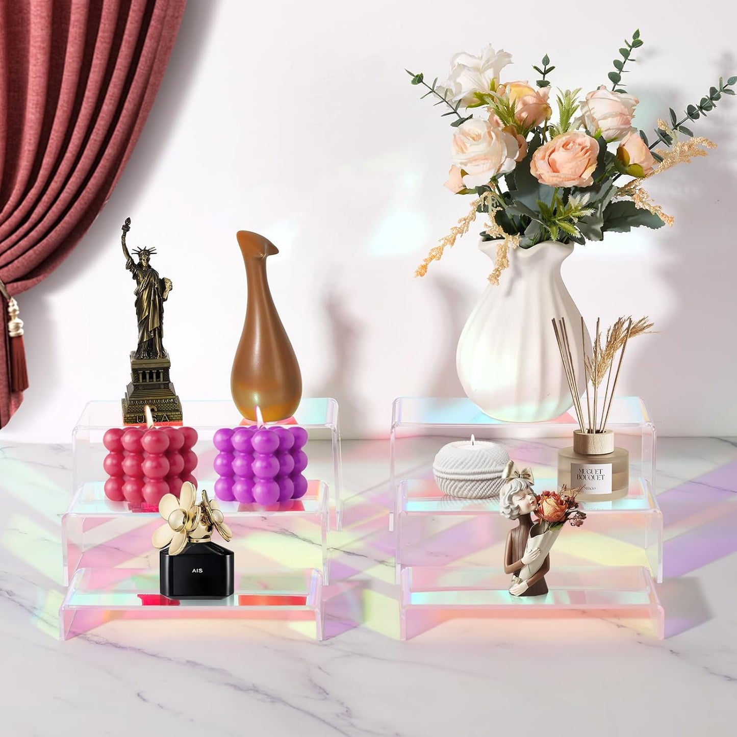 Iridescent Acrylic Display Risers, 6pcs Rainbow Display Stand Rectangular Stands Showcase Transparent Display Shelf for Dessert Cupcake Collectibles Figures Jewelry Perfume