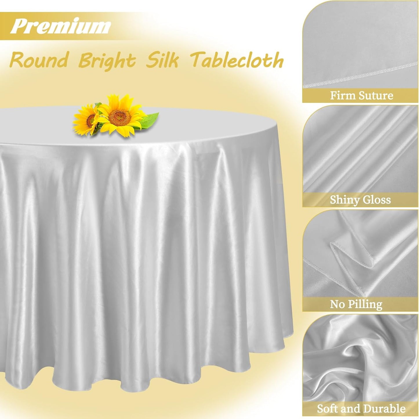 12 Pack 120 Inch Silver Satin Tablecloth - Premium Bright Silky Round Tablecloth Overlay Smooth Fabric Table Cover, Table Decoration for Wedding Party Banquet Events Restaurant Kitchen Dining