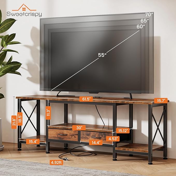 DUMOS 63” TV Stand with Power Outlets, Entertainment Center - Image 3