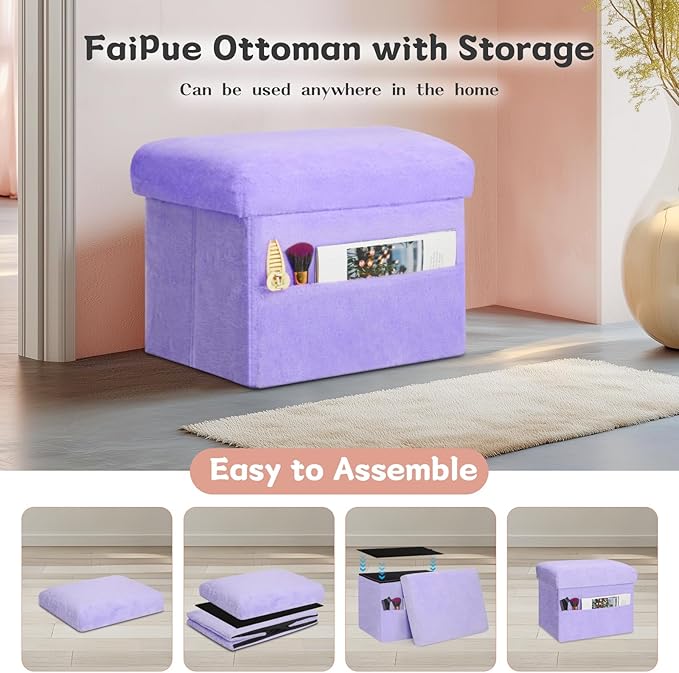 Small Ottoman with Storage, Folding Soft Fur Storage Foot Rest Stool with - Image 7