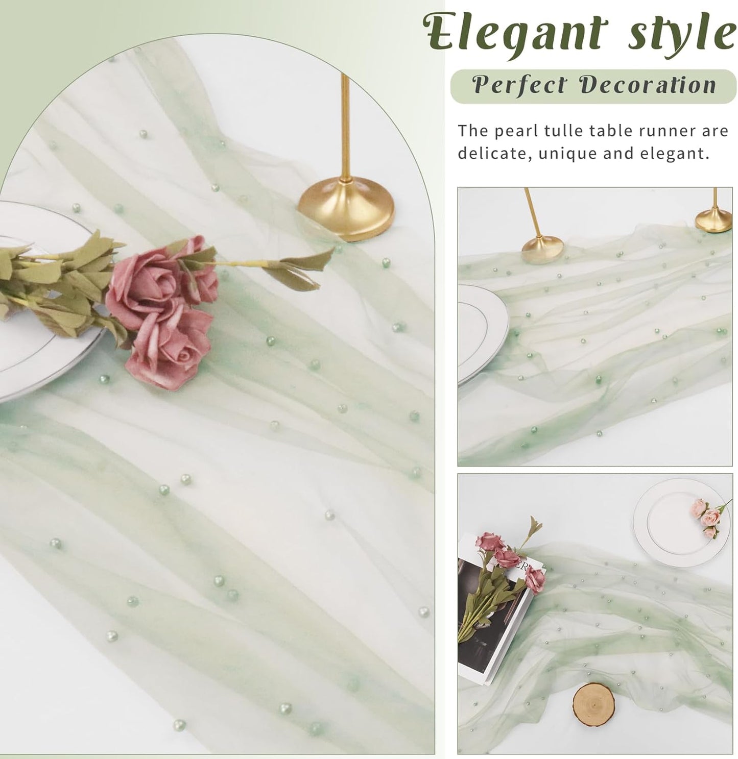 Set of 6 Pearl Table Runner 29 x 120 Inch Sage Green Tulle Fabric Lace Table Runners Boho Rustic Table Runners for Bridal Shower Birthday Party Wedding Arch Aisle Veil Dessert Table Decor(Sage Green)