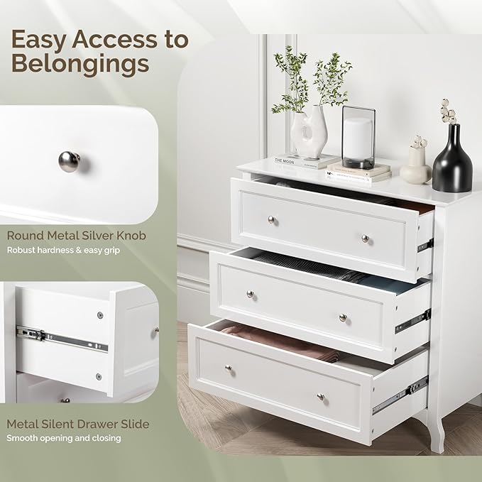 VINGLI White Dresser 3 Drawer Chest of Drawers - Image 6