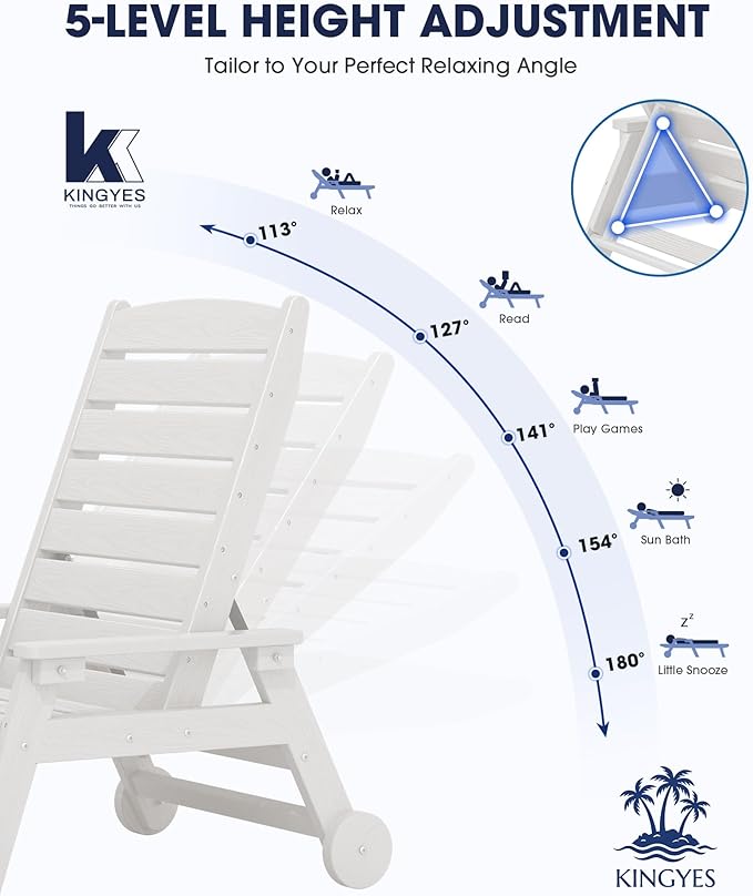 KINGYES HDPE Lounge Chair Outdoor, Patio Chaise Lounge Recliner - Image 3