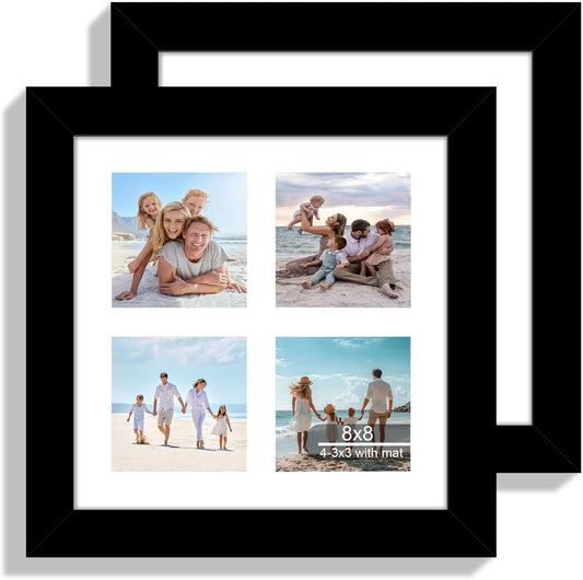 8x8 Picture Frame Set of 2, with Glass and Black Wood Frames, Display Collage Four Opening 3x3 With Mat or 8 x 8 Without Mat for Wall Hanging or Tabletop