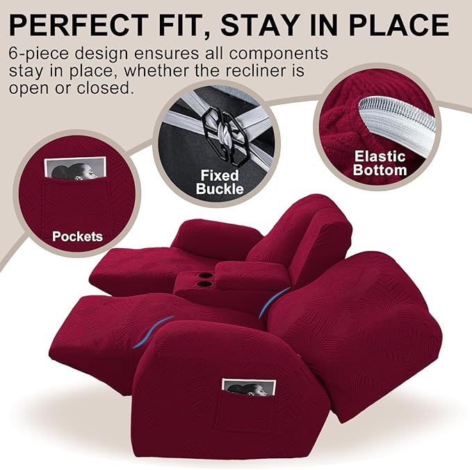 Recliner Loveseat Covers with Console, 6-Piece Stretch Geometric Strokes - Image 4