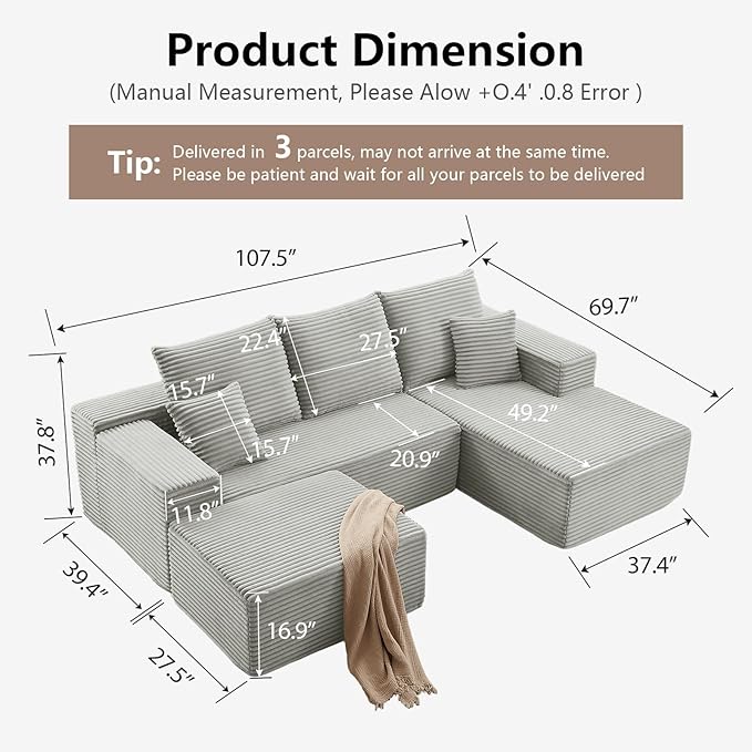 107" Comfy U-Shaped Sectional Modern Boneless Corduroy Couch - Image 2
