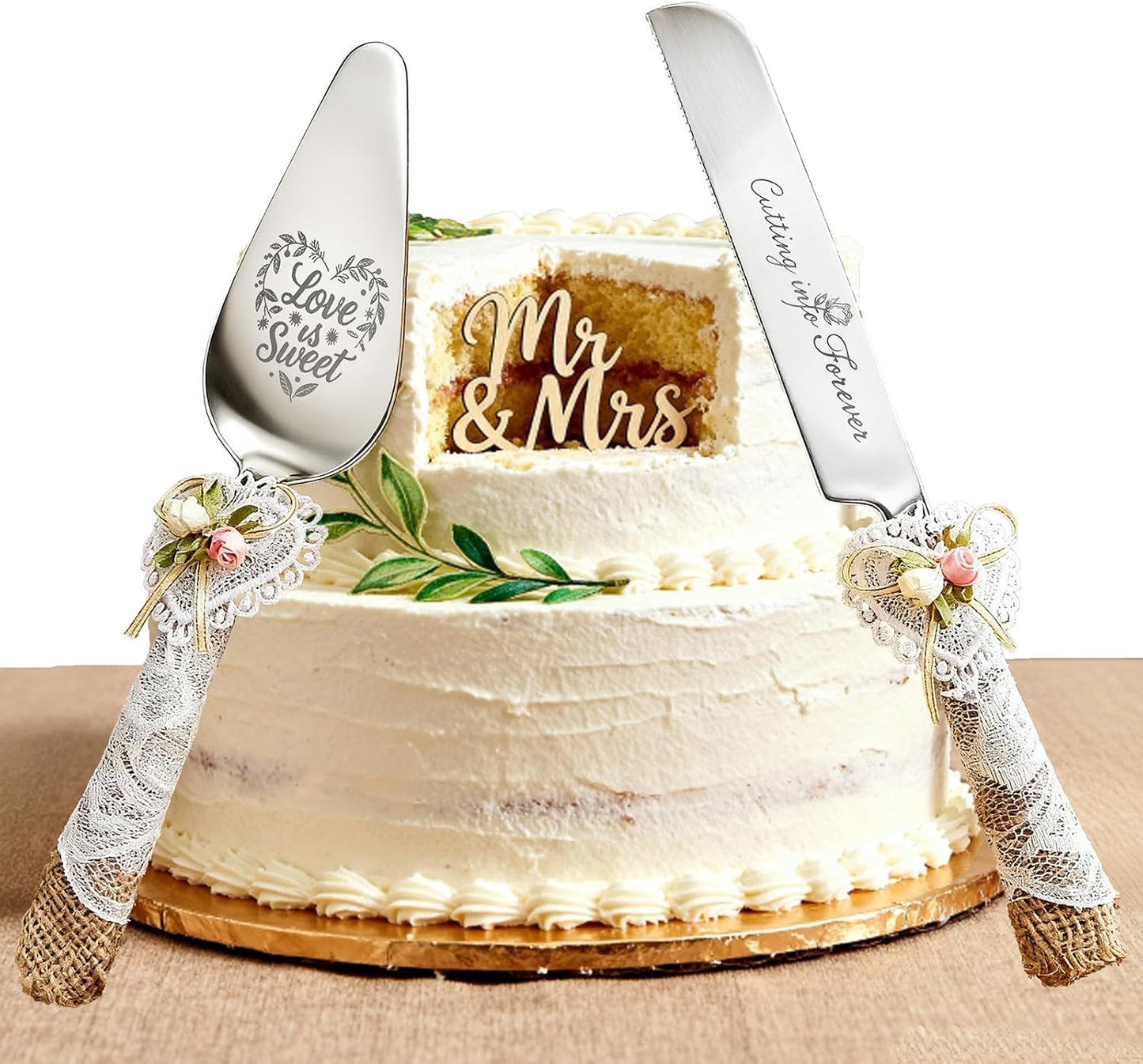 Wedding Cake Knife and Server Set – Rustic Lace Burlap Handle, Stainless Steel Blades, Vintage Wedding Cake Cutting Set for Bride & Groom, Anniversary, Engagement Gift