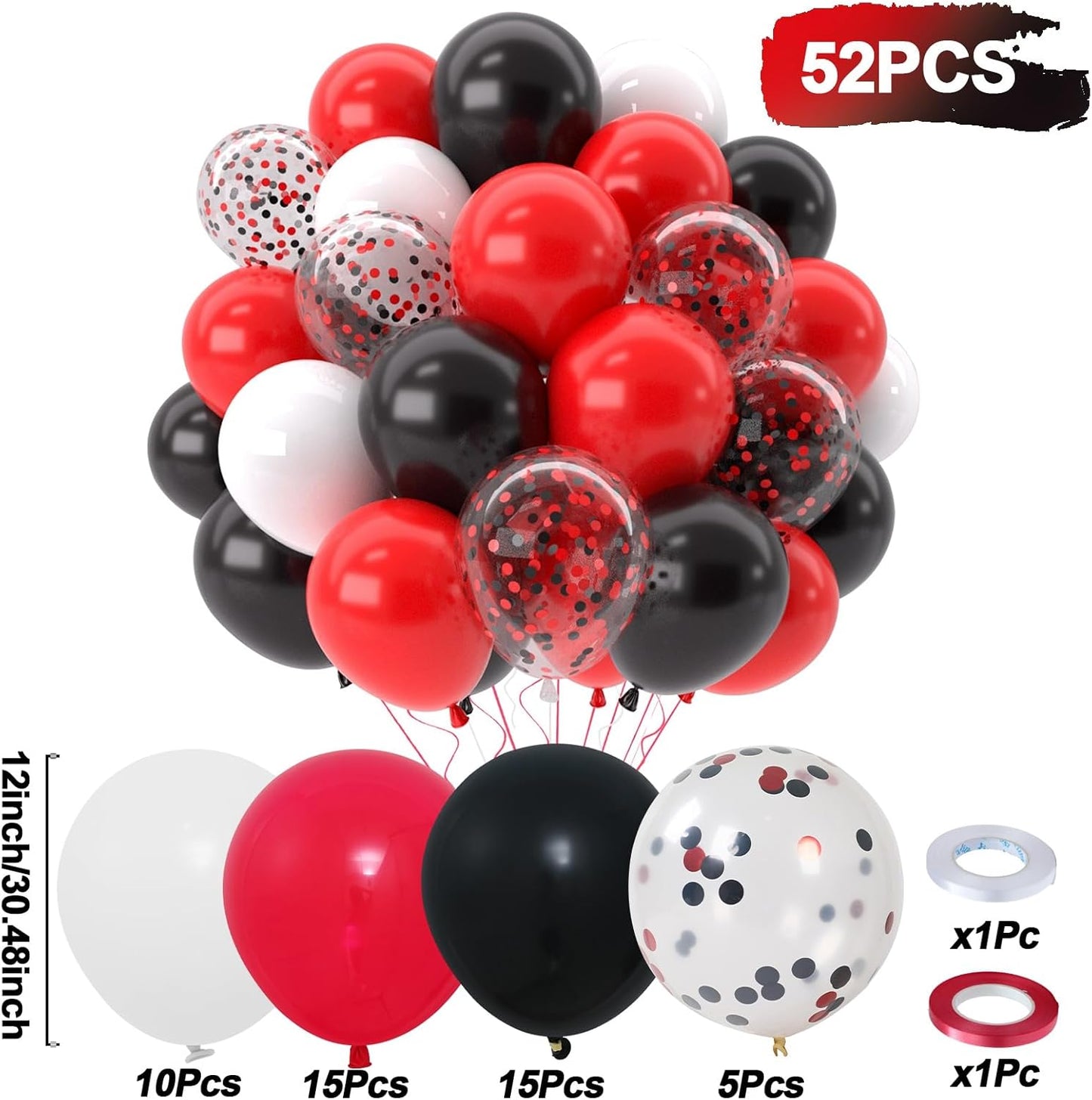 Patimate Red Black Balloons Set, 50 pcs 12 inch Black Red White Confetti Latex Balloons Kit for Graduation Birthday Wedding Baby Shower Retirement Party Decorations
