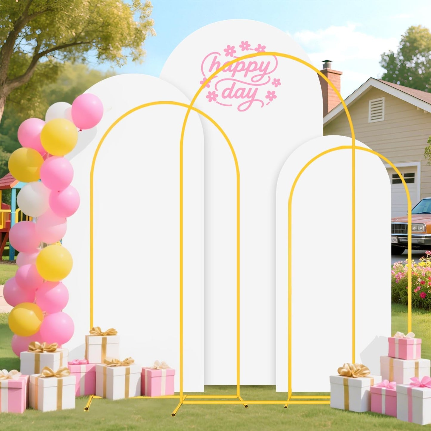 7.2FT,6.6FT,6FT Arch Backdrop Stand and Cover Set of 3 White Spandex Fitted Backdrop Cover Wedding Party Balloon Arch Stands Metal Arched Frame with Arch Covers for Birthday Baby Shower Ceremony Decor
