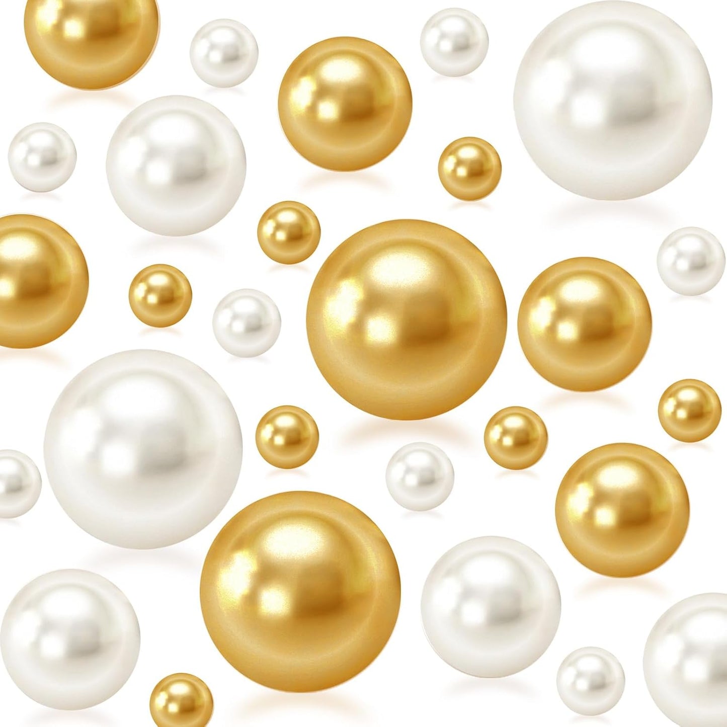 150Pcs Cream&Gold Polished No Hole Faux Pearl Beads for Vase Filling Decorations, Plastic Pearls Vase Fillers, Table Scatters, Wedding Centerpiece, Home Decor, 8/14/20 mm