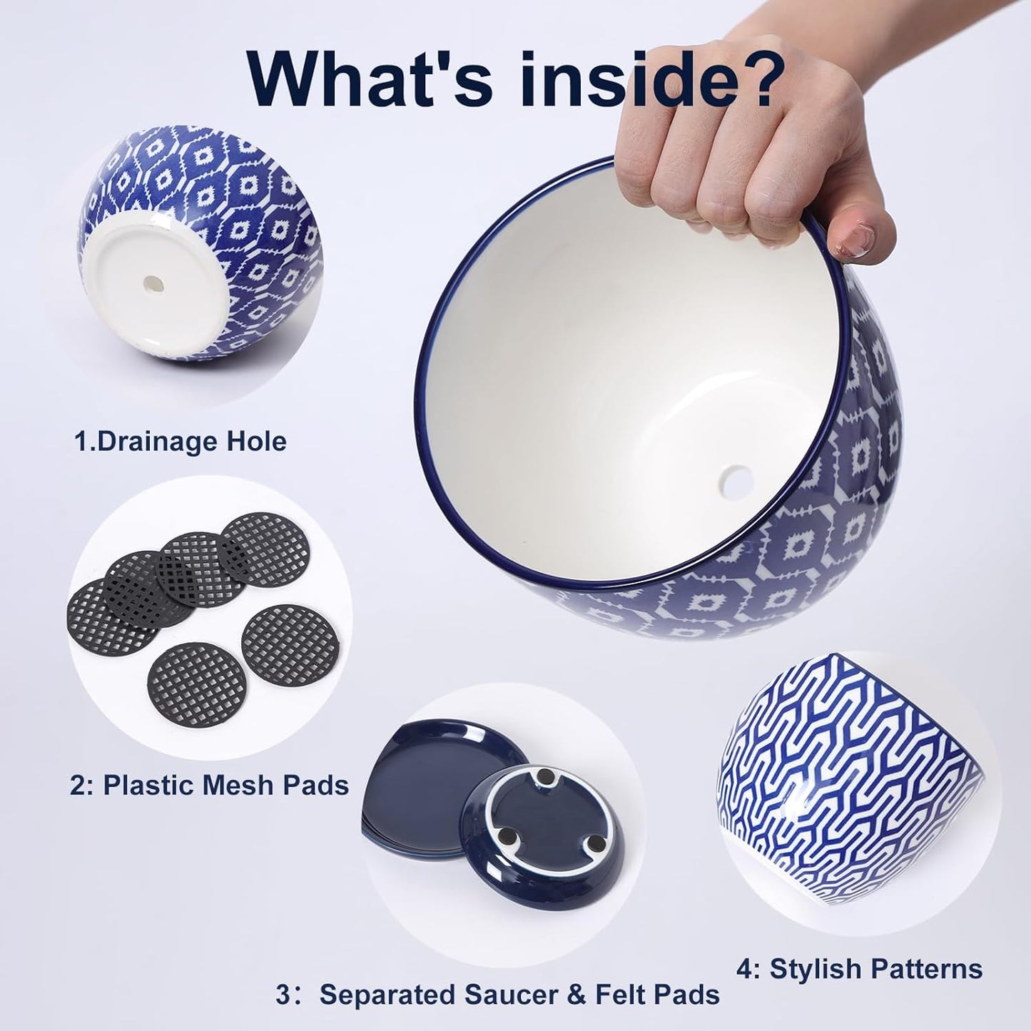 Selamica Ceramic Plant Pots, 5.6 Inch Flower Pots for Indoor Plants with Drainage Hole and Saucer,Home Decor, Set of 4, Vintage Blue