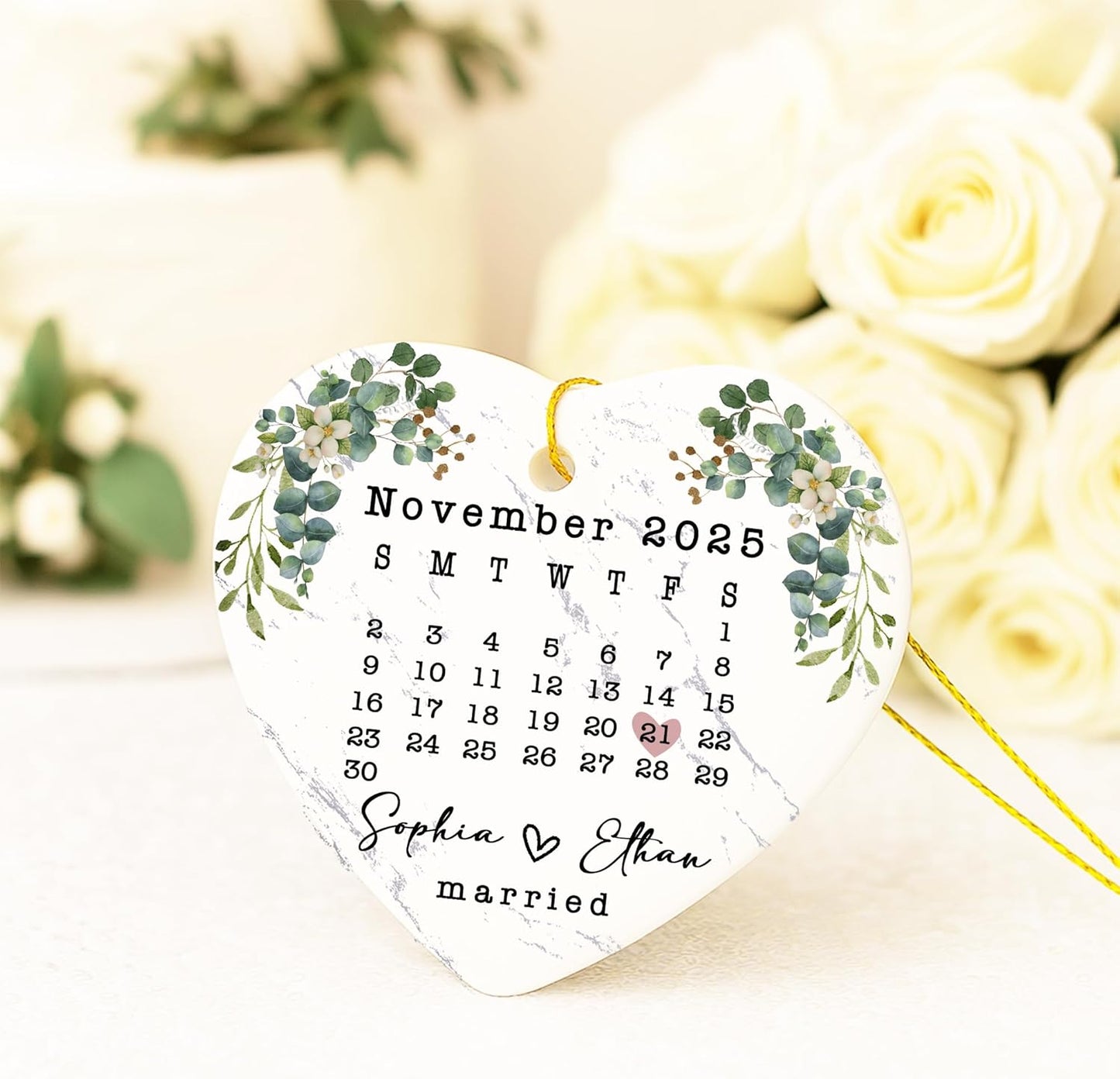Love Signal Married Calendar Ceramic Ornament, Mr Mrs 2025 Ornaments Custom Name Date, Personalized Gift for Wedding Newlywed Engaged Couple Christmas