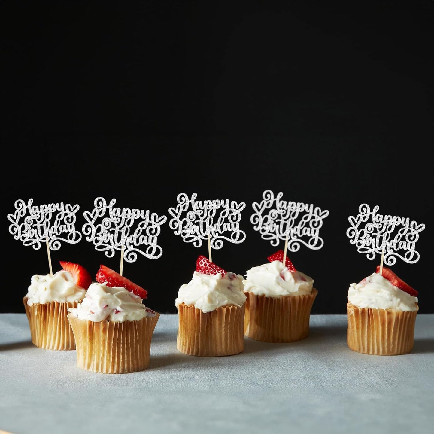 Gyufise 24Pcs Happy Birthday Cupcake Toppers Glitter Happy Birthday Cupcake Picks for Celebrating Happy Birthday Party Decor Anniversary Theme Party Cake Decorations Supplies Silver