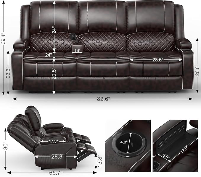 Yolsali Recliner Sofa, 3 Seater Manual Reclining Sofa - Image 2