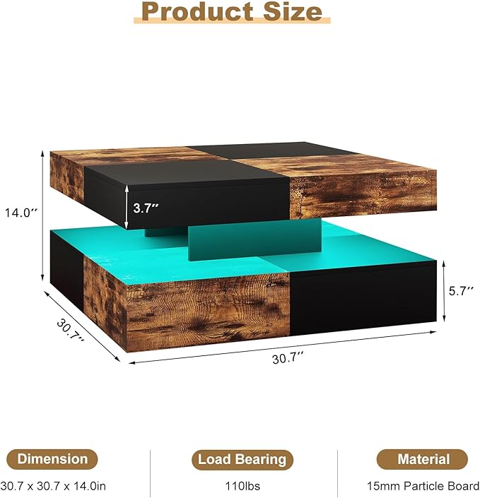 HedoAjim LED Coffee Table for Living Room, Living Room Table 2-Tier Square - Image 2
