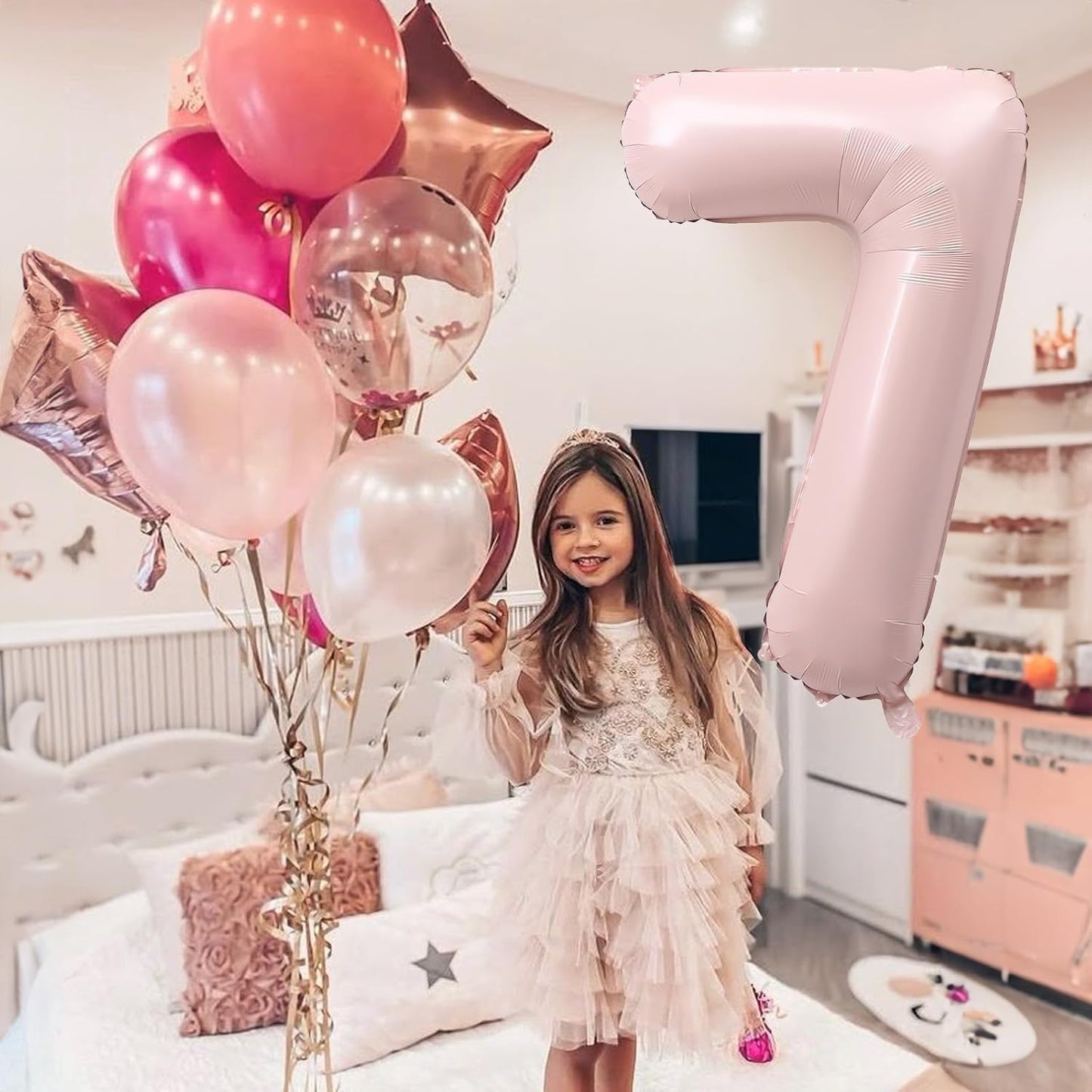 Light Pink Number Balloon 7, 40 Inch Large Self Inflating 7 Foil Number Balloons 0-9, Blush Pastel Pink Digital 7 Helium Balloon for Girls Women 7th Birthday Party Graduation Anniversary Decorations
