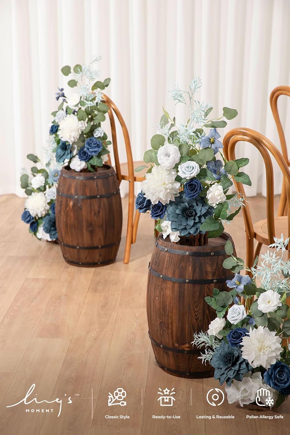 Ling's Moment 17.5" Tall Standing Artificial Flowers Arrangements 4 pcs Wedding Aisle Runner Chair Decorations Dusty Blue Navy Centerpieces for Ceremony Reception Rose Floral Party Outdoor